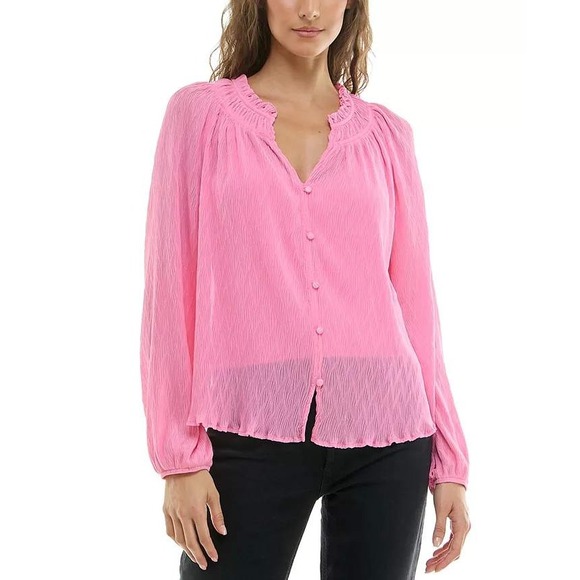 BCX Ruffled‎ Split-Neck Gauze Blouse in Peony size M - Picture 1 of 8